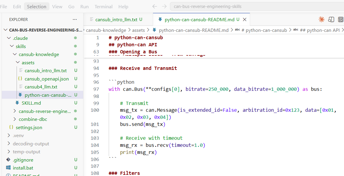 The skill bundles CANsub, python-can and OBD2 knowledge for the AI agent to rely on