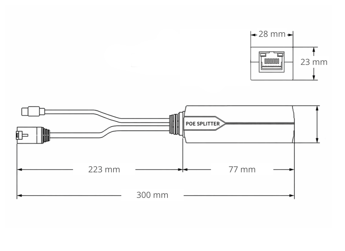 Technical drawing of the PoE adapter with dimensions (8 x 3 x 3 cm) and RJ45 + USB connector layout