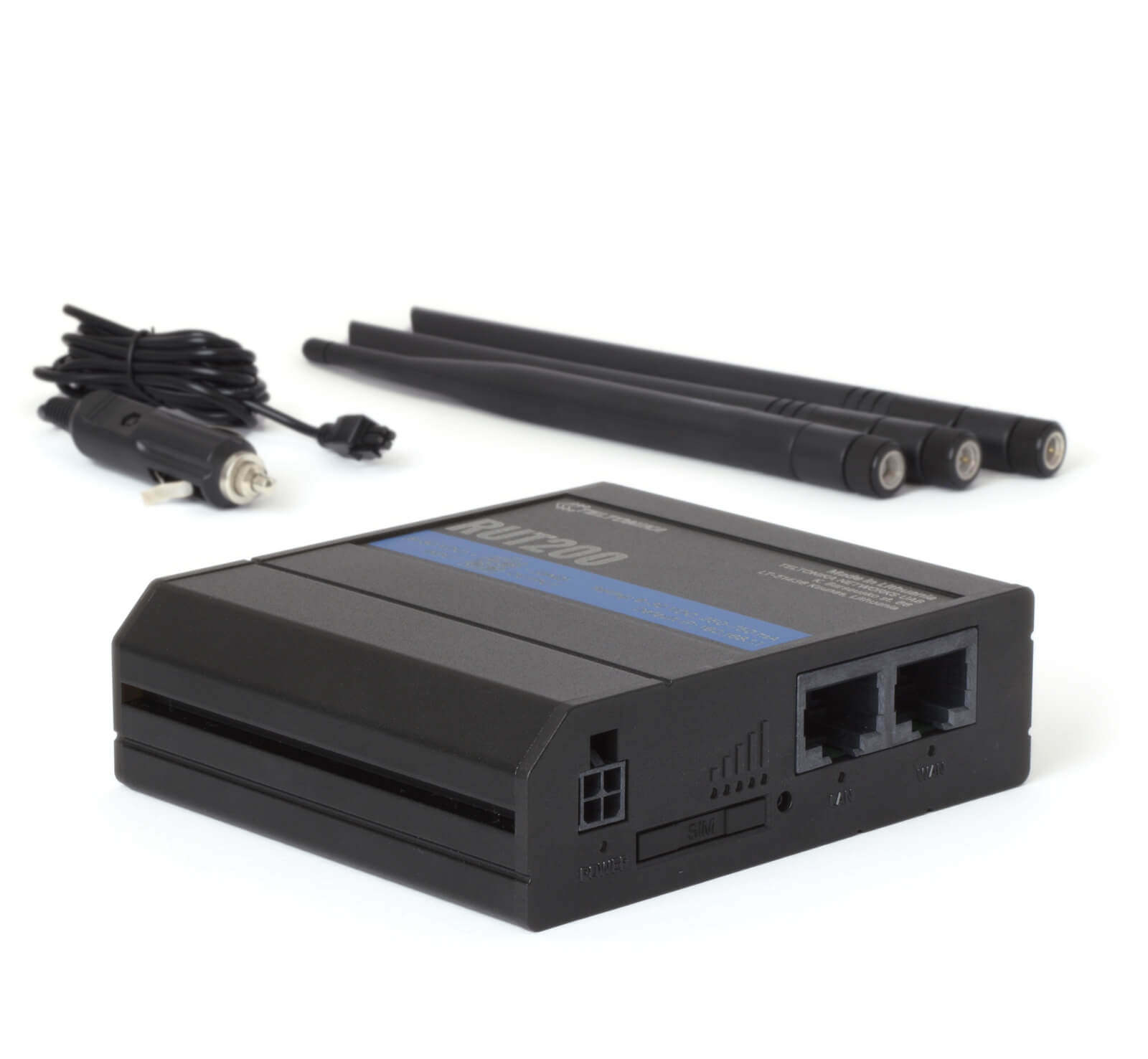 RUT200 4G LTE WiFi router with 3 antennas and automotive power supply for the CANsub and CANedge2