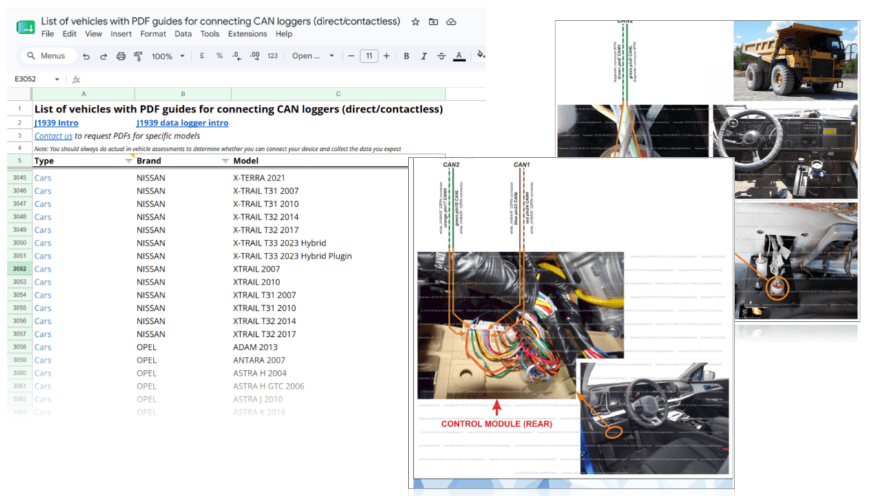 PDF connection guides for locating the CAN high and low wires for the contactless CAN reader across cars and trucks