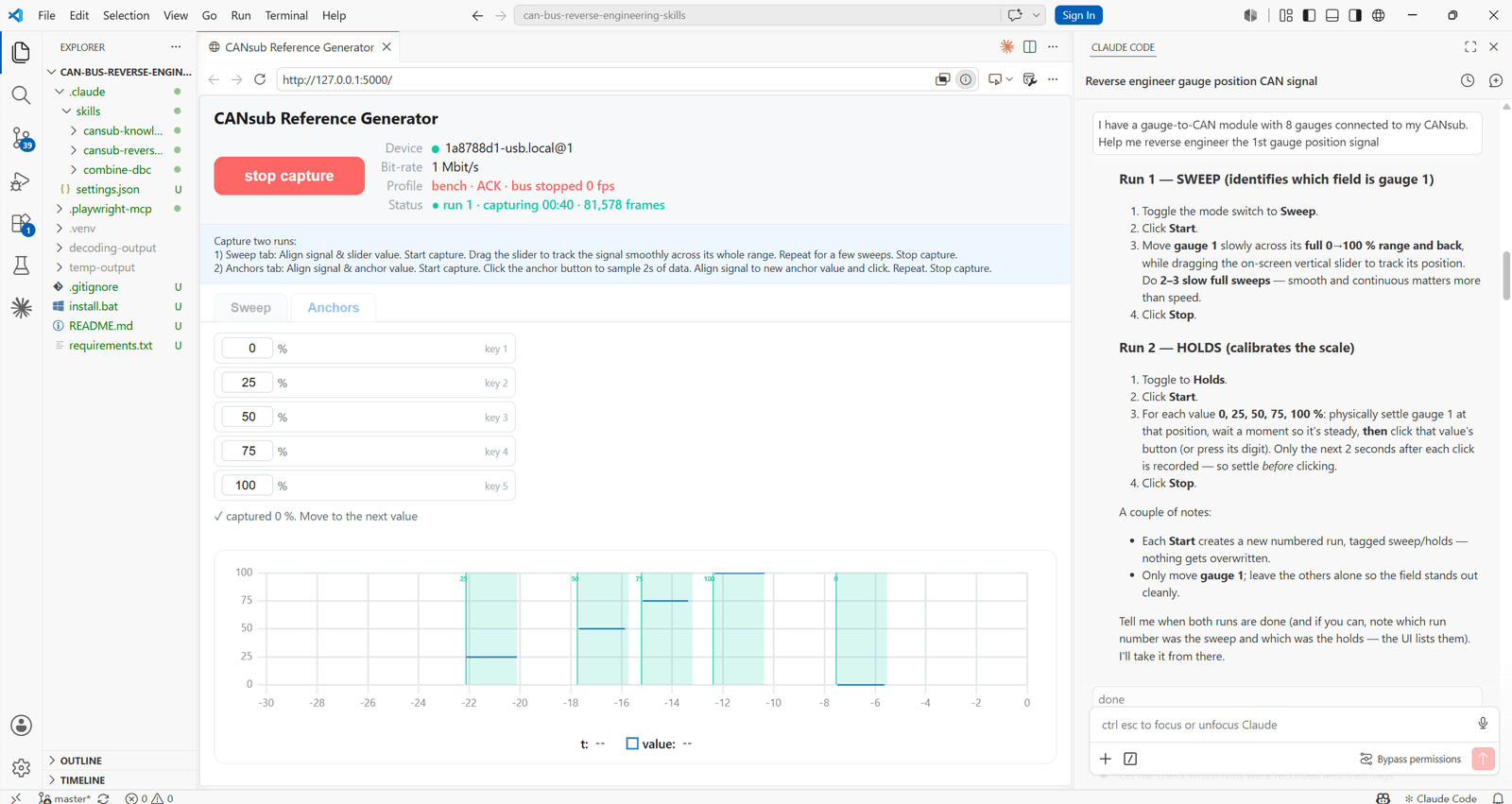 The CANsub Reference Generator app in steady-holds mode, used to construct a human reference signal for AI CAN bus reverse engineering