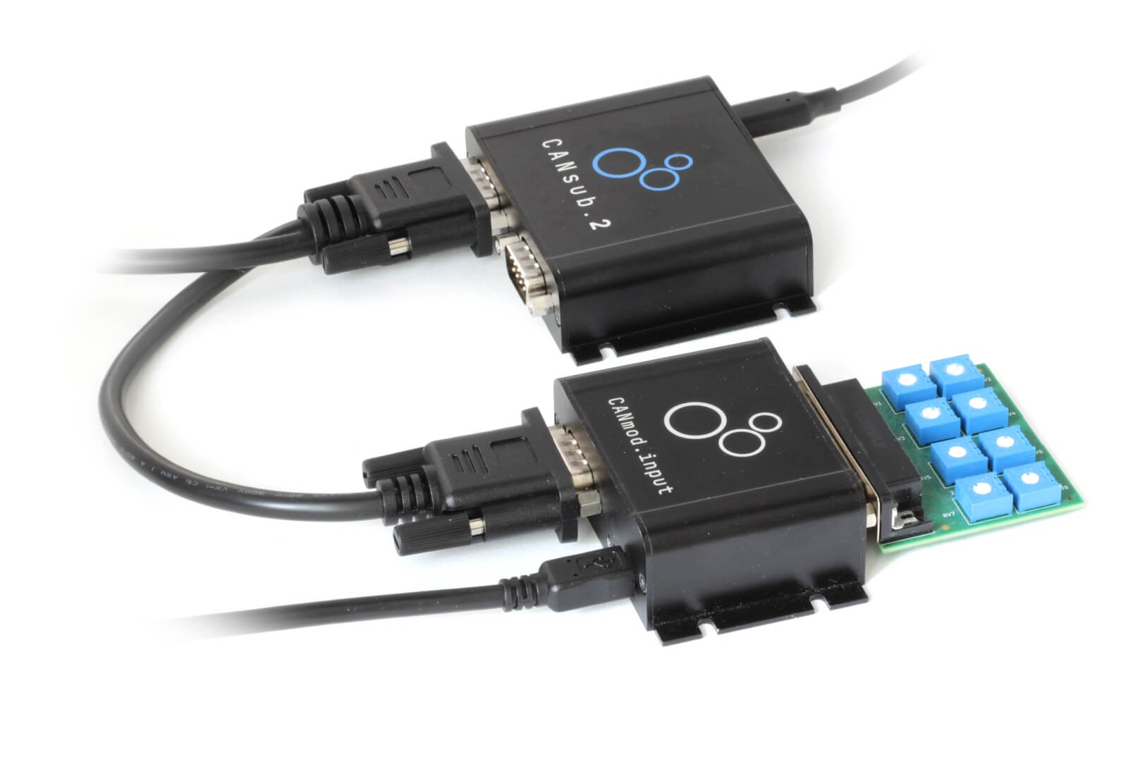 CANsub streaming CAN data from a CANmod.input with a potentiometer gauge board on its DB25 connector, used to inject a human reference signal for AI reverse engineering