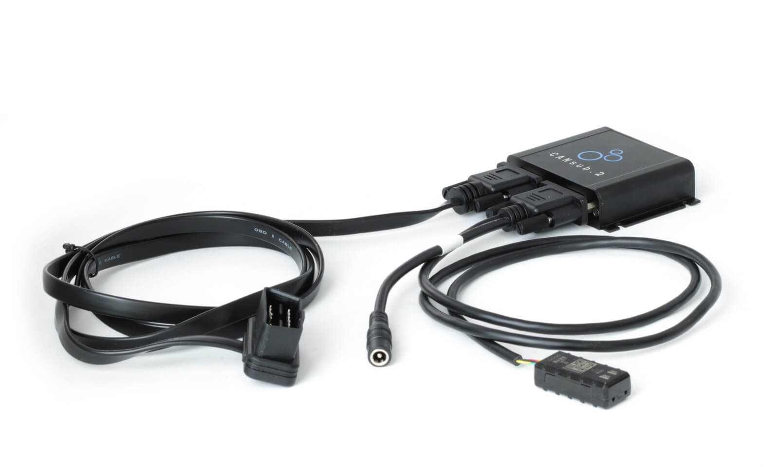 CANsub.2 with an OBD2-DB9 adapter on one channel and a contactless CAN reader with DC power on the other, for cars that expose no proprietary CAN on the OBD2 connector