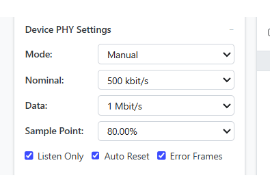 CANsub PHY settings with Listen Only (silent mode) and Error Frames enabled for safe reverse engineering