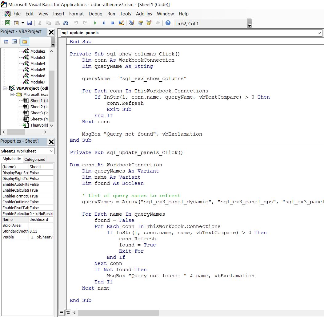 Excel dashboard VBA code refresh panels