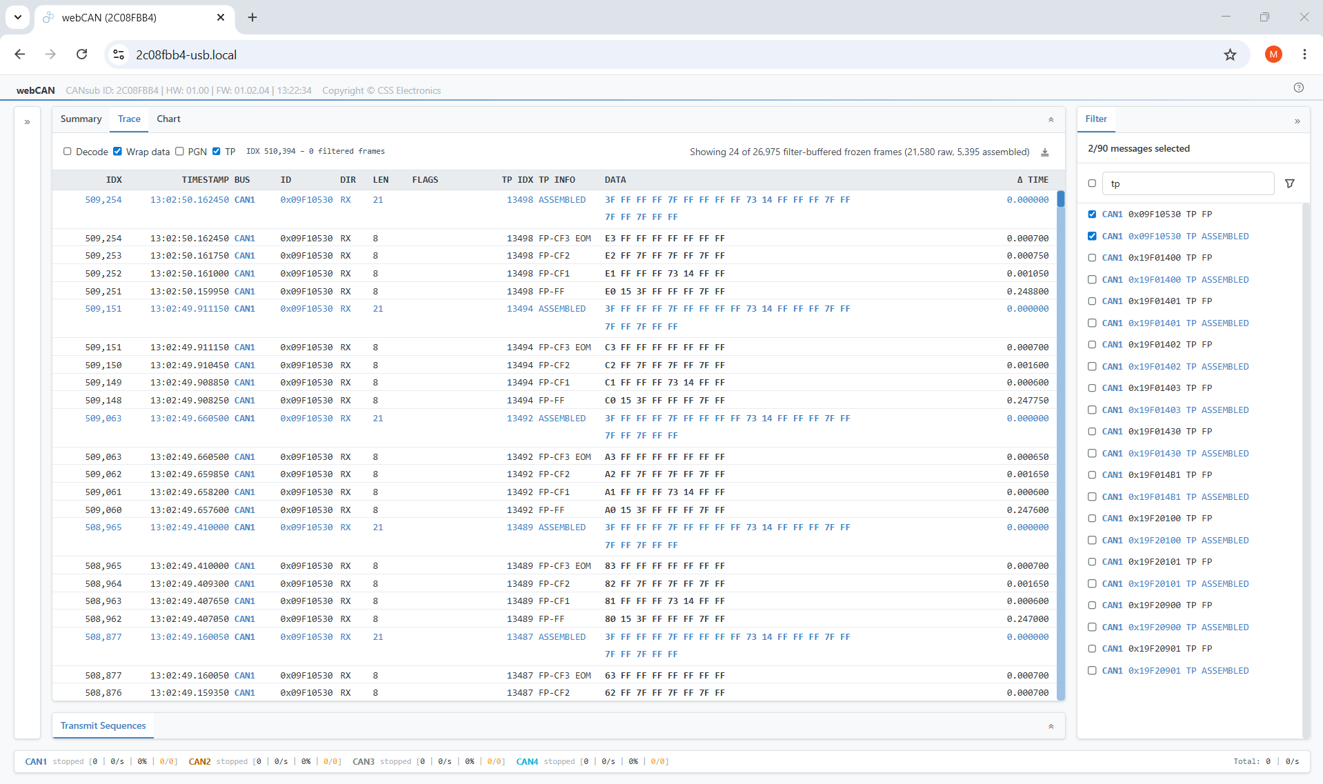webCAN real-time NMEA 2000 Fast Packet reassembly and DBC decoding via CANsub