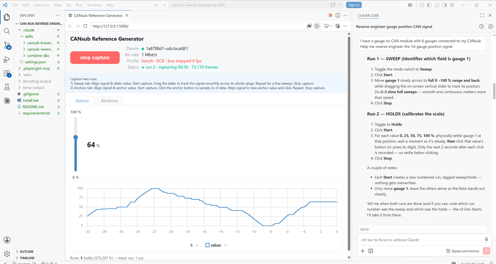 The CANsub Reference Generator app in sweep mode, dragging a slider to construct a continuous reference signal for AI CAN bus reverse engineering