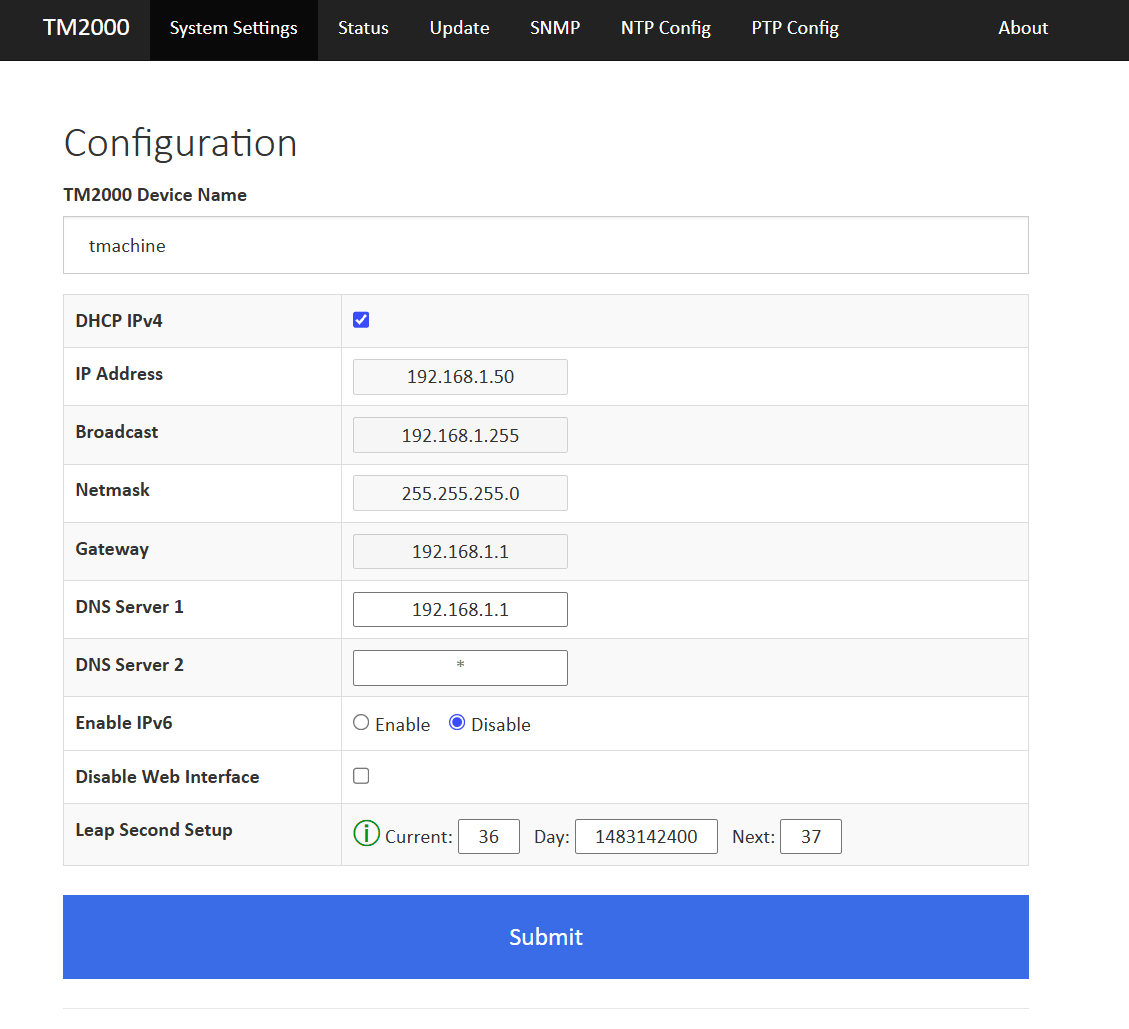 TM2000B web interface - recommended system configuration with DHCP IPv4 enabled and IPv6 disabled