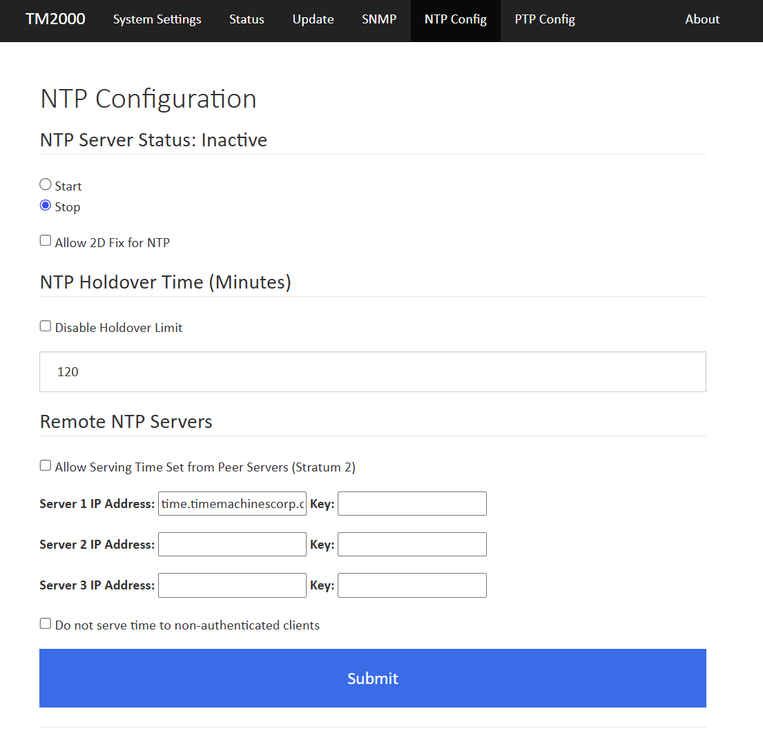 TM2000B web interface - recommended NTP configuration with the NTP server stopped