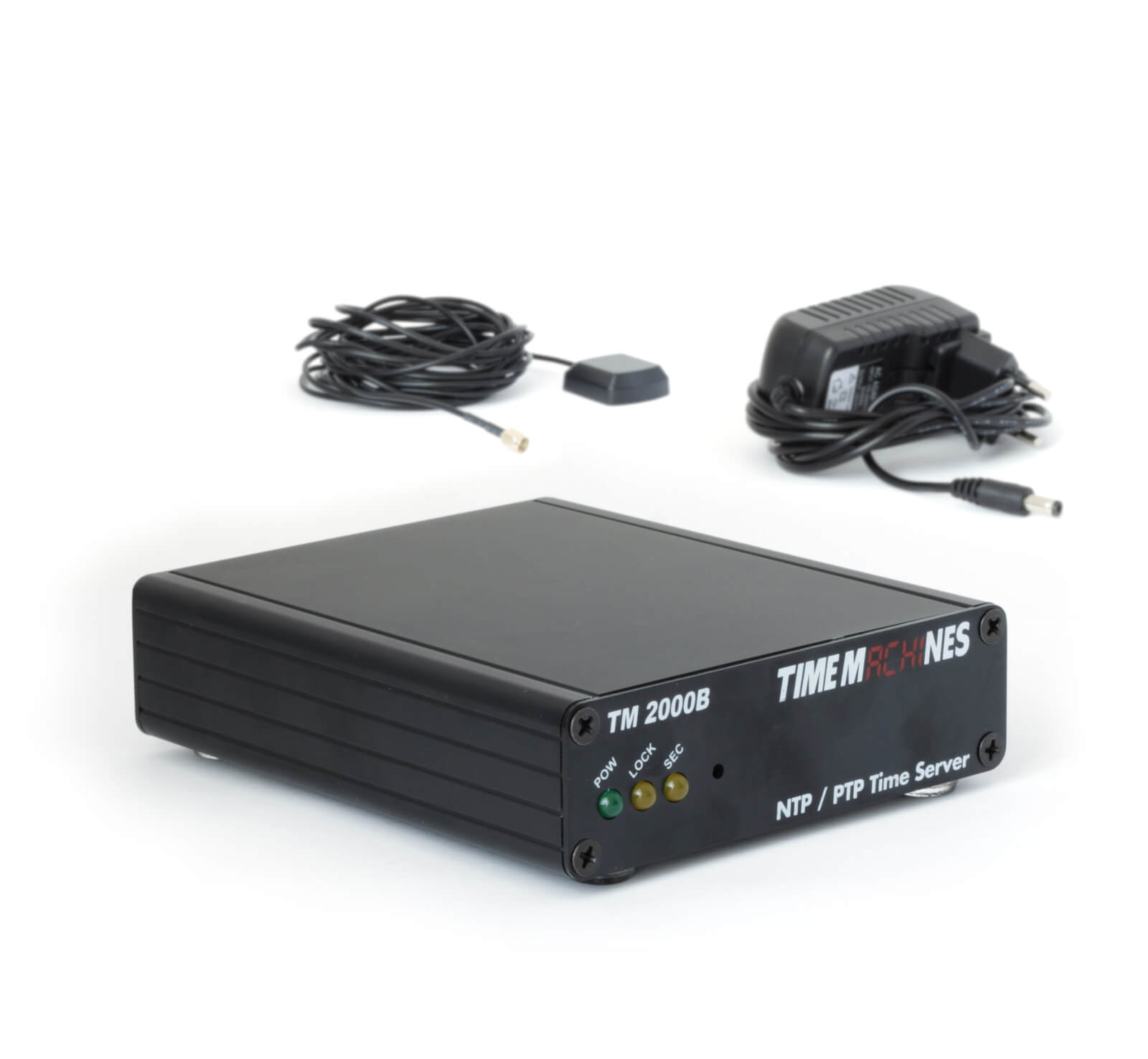 TM2000B GPS PTP grandmaster clock for CANsub time sync - front view with GPS antenna