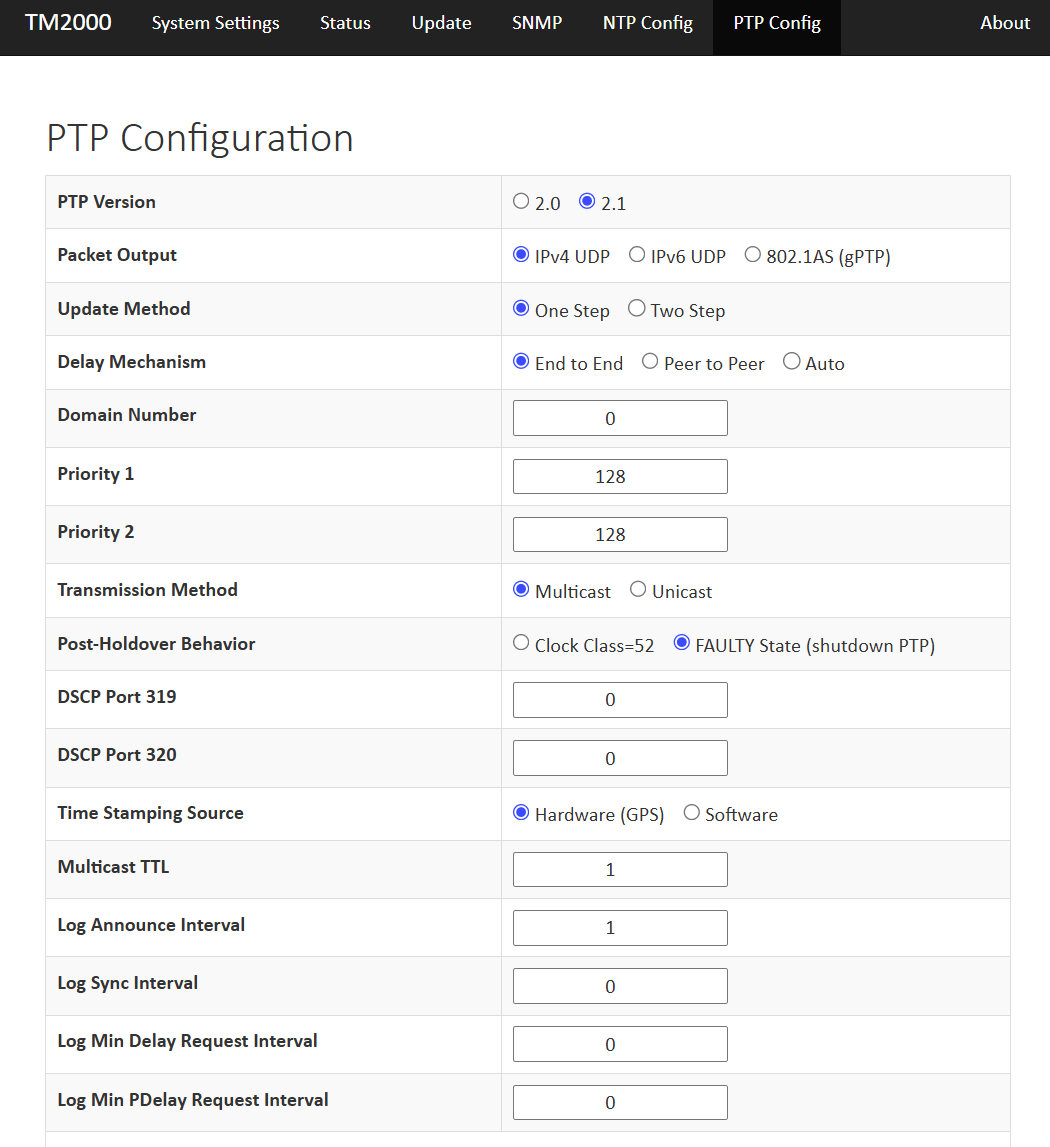 TM2000B web interface - recommended PTP configuration for CANsub with multicast and one step updates