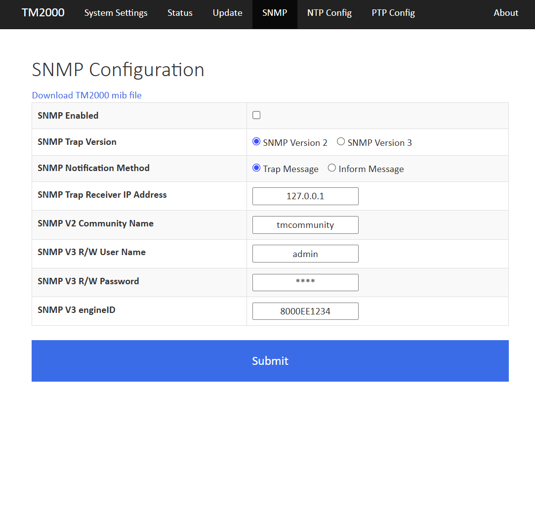 TM2000B web interface - recommended SNMP configuration with SNMP disabled