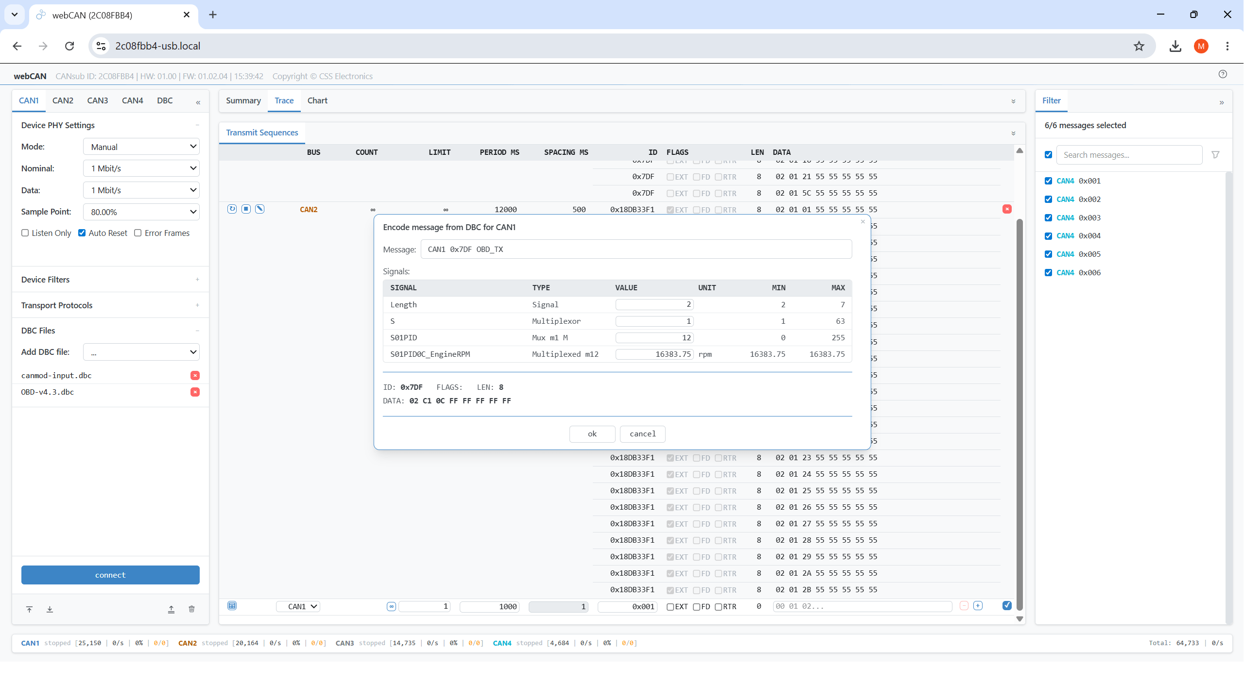 webCAN DBC encoder for constructing OBD2 PID transmit list requests