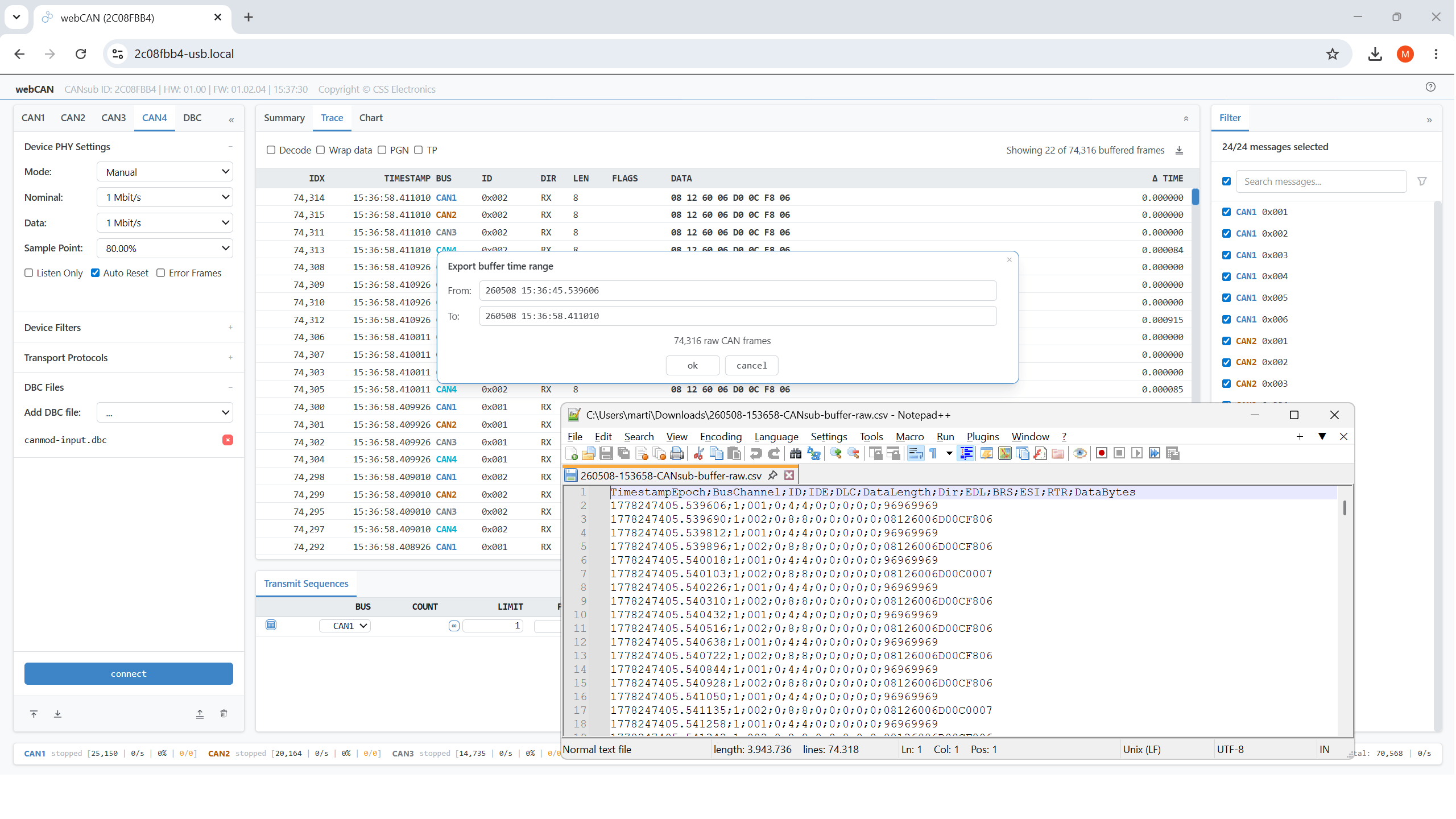 Export raw/decoded CAN summary/trace data from webCAN to CSV for offline analysis in e.g. Excel - or for later re-import into webCAN
