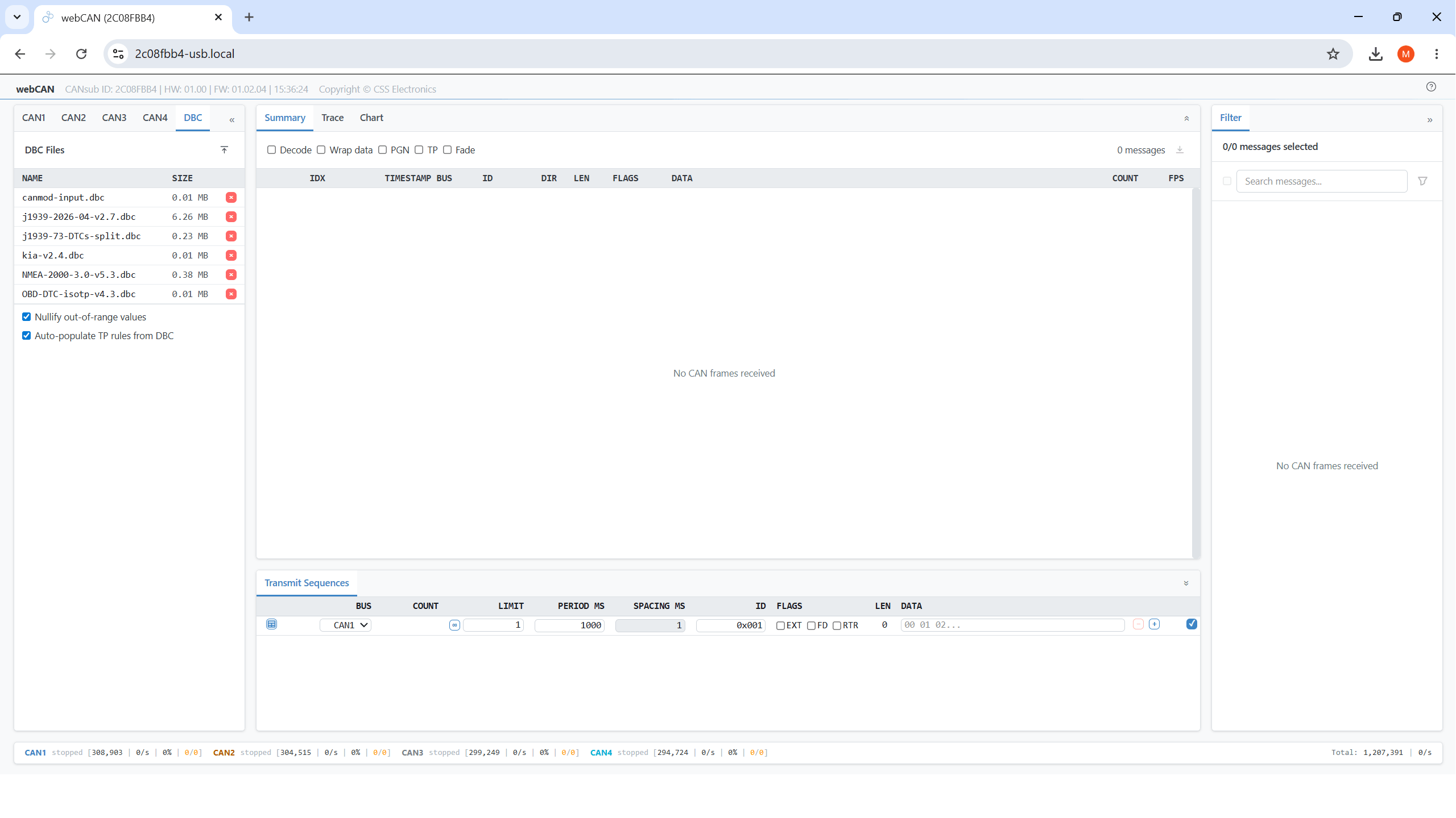 You can easily upload DBC files in webCAN and assign them per CAN channel to enable live decoding - with DBC files/assignments persisting across sessions