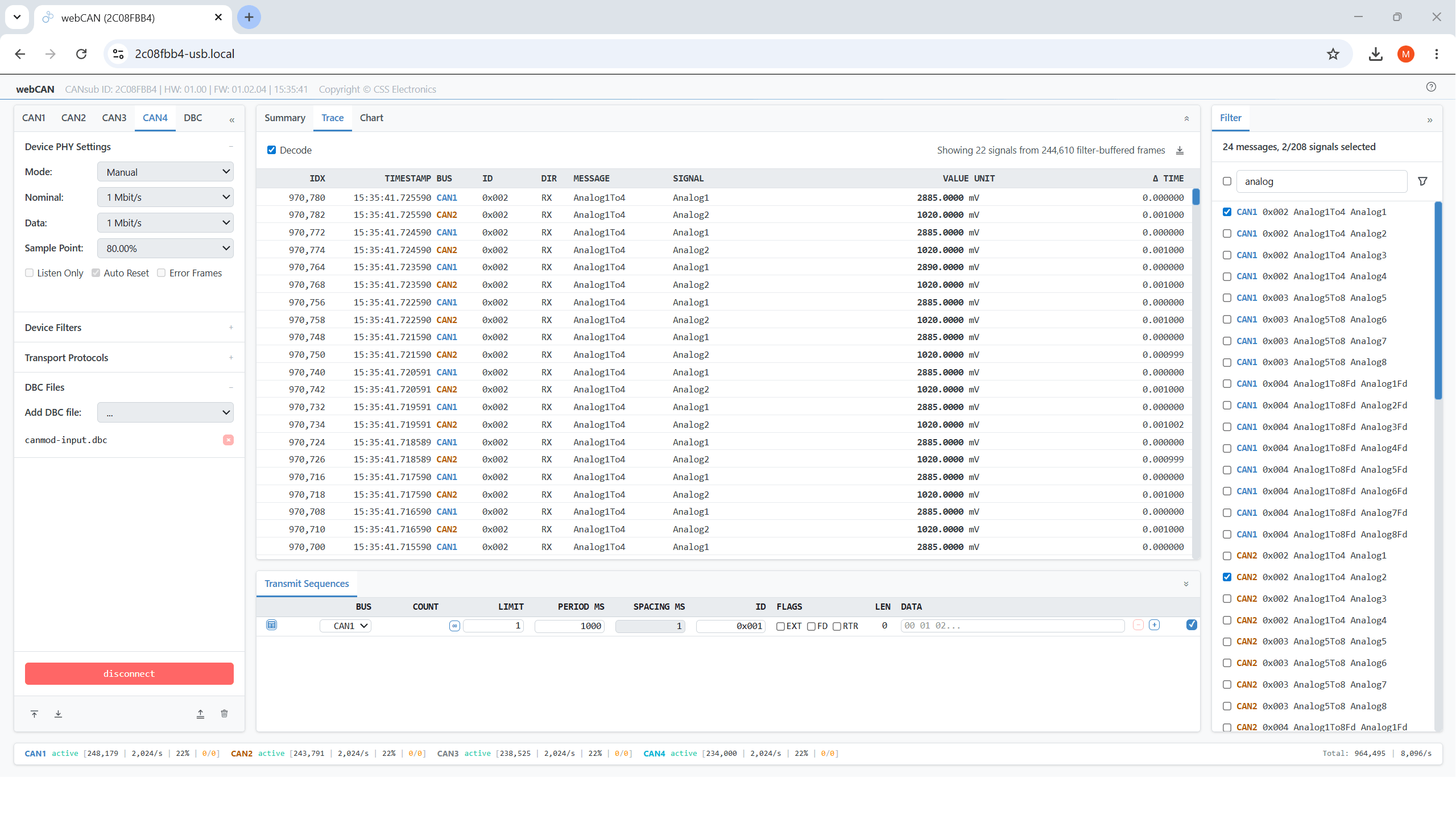 With the Trace view you can see the latest CAN frames (or decoded signals) across CAN channels in real-time - or browse/filter through up to 2M historical frames